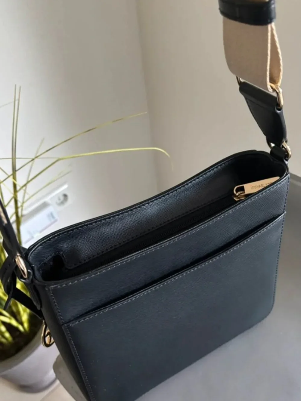 Michael Kors Black Saffiano Leather Shoulder Bag with Gold Tone Details